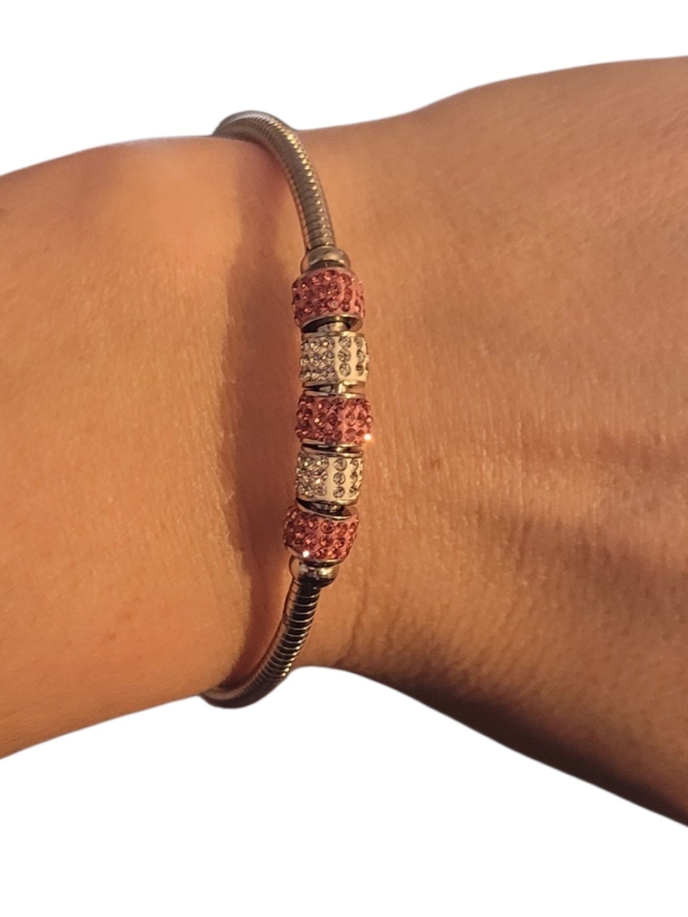 Silver Magnetic-clasp Bracelet with Pink and White Swarovski Crystal